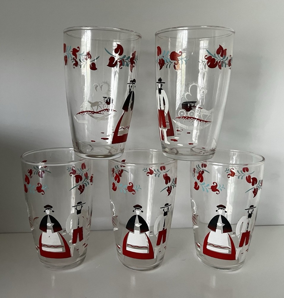 Vintage Amish Folk Art Tumbler Juice Glasses Set of 5 ~ Horse and Buggy