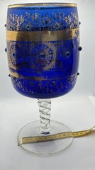 Vintage 10″ Cobalt Blue Art Glass Goblet Gold Gilt Enamel Jeweled Twisted Stem