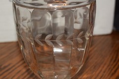 Fostoria ?? Glass Covered Candy Jar etched cut Leaf design, clear 10″