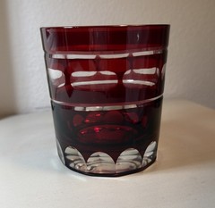 Vtg Pottery Barn Ruby Red & Clear Banded Thumbprint Pattern Whiskey Glasses (2)