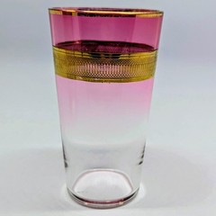 Bohemian Pink Fade Tumbler Juice Glasses Gold Overlay Swirl MCM Set Of 2
