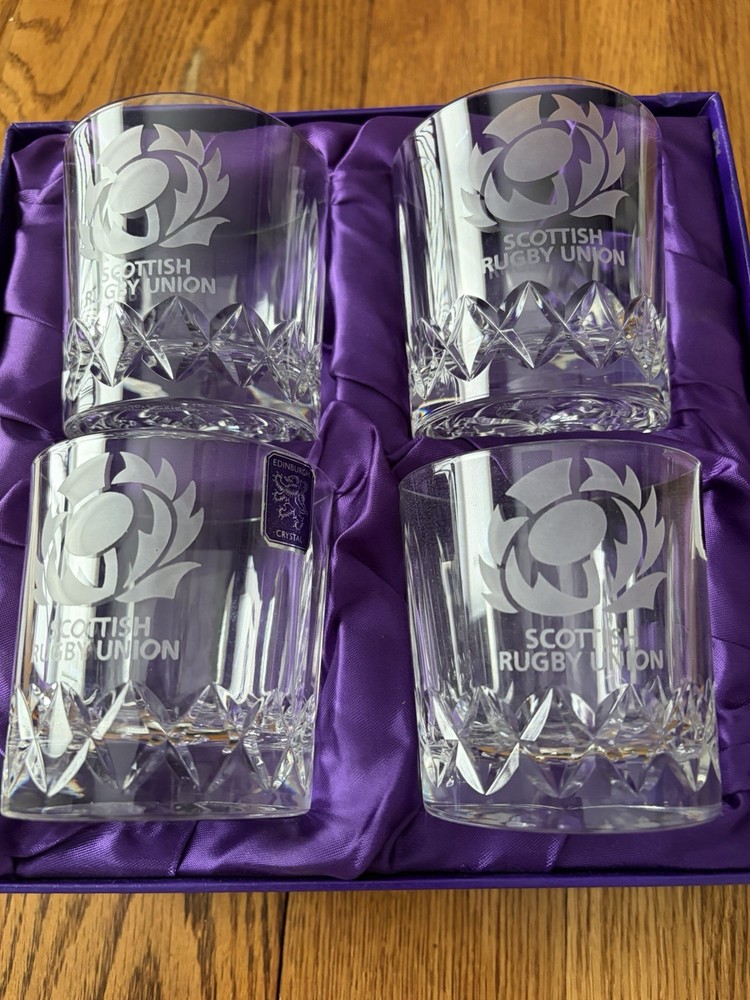 Edinburgh Crystal Boxed Set of 4 Whisky Glasses Scottish Rugby Thistle