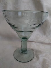 Hand Blown Etched 6in Margarita Glass Pale Green Tint Recycled Glass Mexico