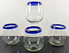 (4) Pier 1 Cobalt Rim Stemless Wine Glasses Set Clear Mexican Hand Blown Art Lot