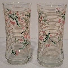 Libbey Vintage Pink & Green Striped Highball Glasses 6” Floral