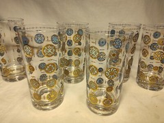 7 MCM Culver Tumbler 22k Gold Aqua Blue Drinking Glasses