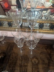 7 Vintage & Discontin’d Etched Frosted and Paneled Crystal Wine Glass/Water Gob.