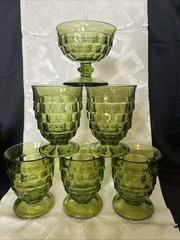 Vintage Lot~5 Olive Green American Whitehall Footed Tumblers 4 1/4” & 1 Sherbet
