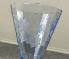 Vintage Elegant Blue Glass Water Goblet Paneled Etched Floral Stemware Set of 2