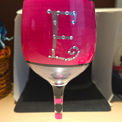 Unmarked Pink/Clear Monogram Letter E Rhinestone Wine Glass Hand Wash China