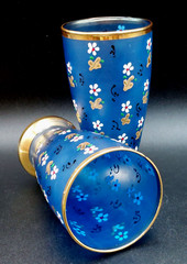 Vintage 5″ Blue Frosted Tumbler Set Hand Painted Enamel Flowers with Gold Trim