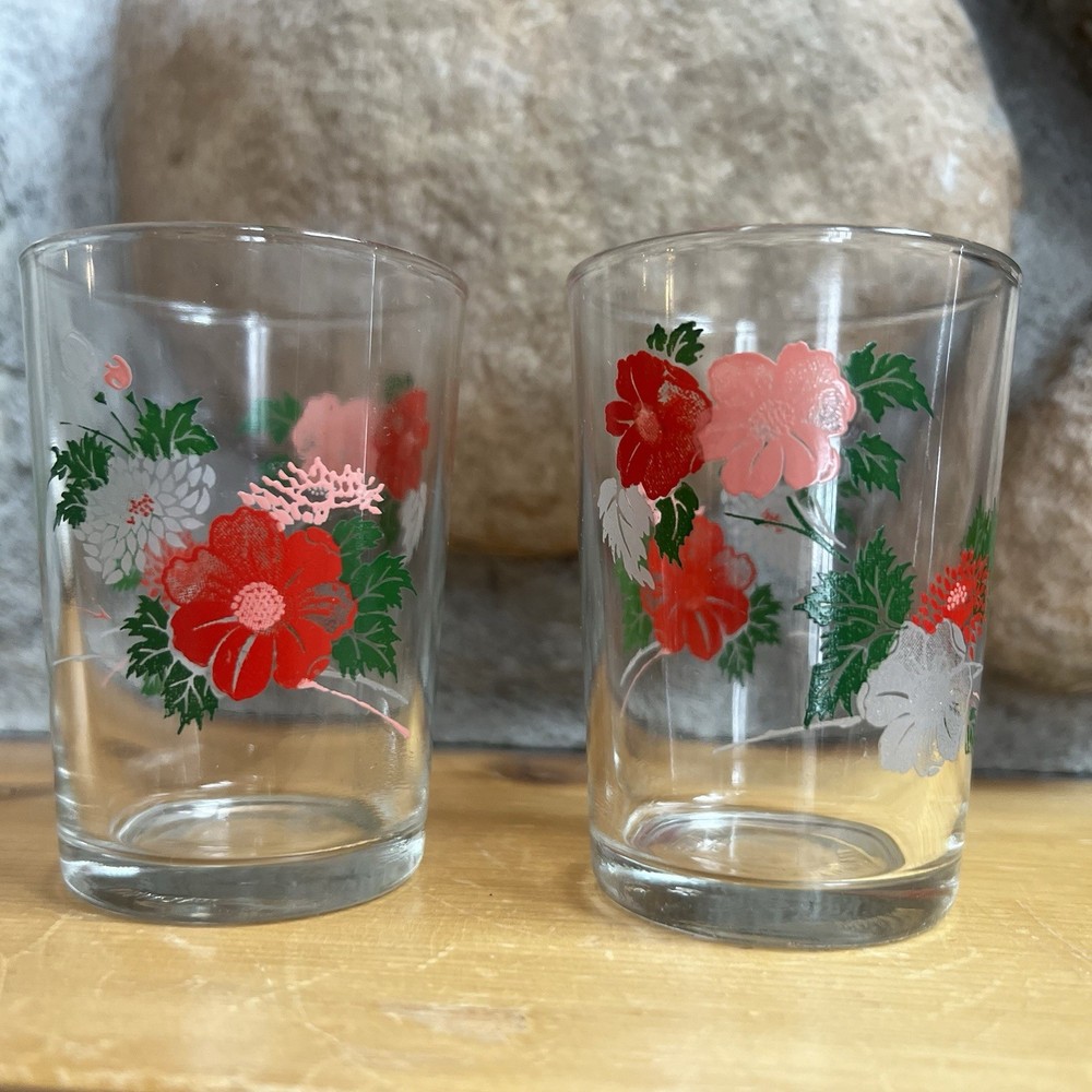Vintage Floral Juice Glasses Red Pink White Flowers Retro Mid Century Set of 2