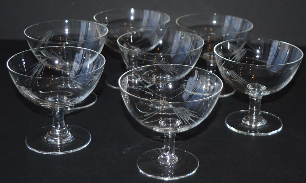 Noritake Sasaki Wheat Etched Crystal Short Low Sherbet Glasses Smooth Stem Lot 7