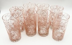 8 Vintage Pink Spaghetti String Tumbler Highball Glasses Retro Mid-Century MINT