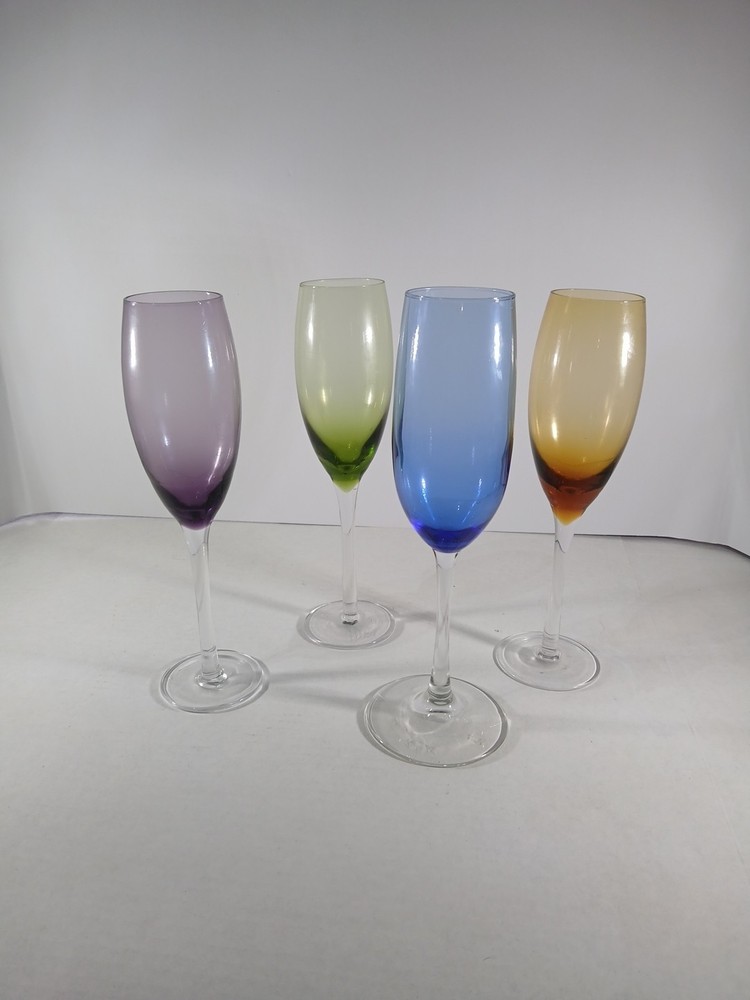 Purple Blue, Amber, Green (4) Champagne Flutes SET,9.25″ Vintage colored glass