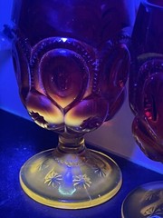 Pair Vtg LE Smith Moon & Star Amberina Water Wine Goblets Glasses CADMIUM GLOW