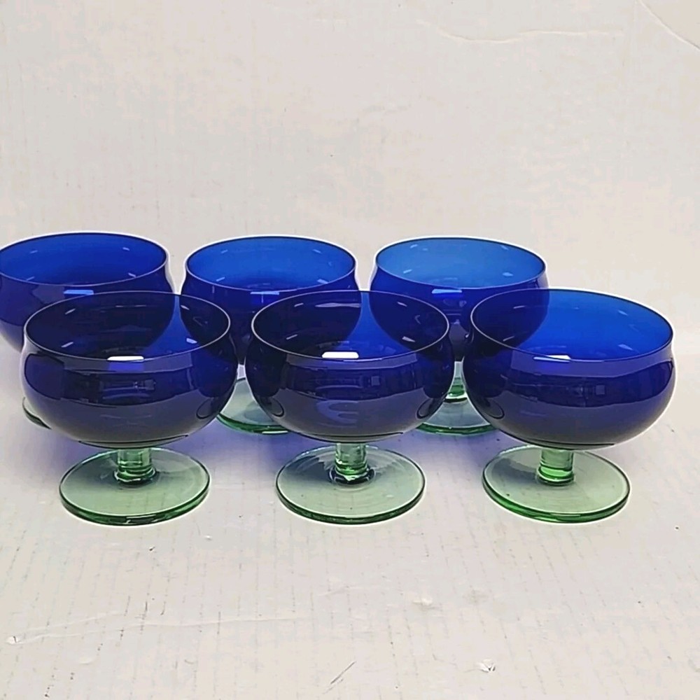 6 BLOCK CAPERS Champagne Sherbert COBALT BLUE GREEN STEM 3.75″ Tall EUC