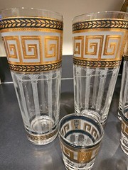 3 each CULVER Greek Key skyball & shot glasses green white gold iced tea Signed