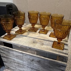 Indiana Vintage Glass Mid Century Amber Goblets Set 6 Diamond Optic Square Base