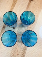 Antique Victorian Era Blue Glass Painted Floral Juice/Lemonade Set 4 Glasses