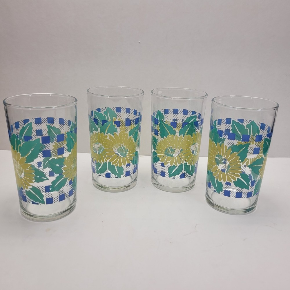 Set of 4 Vtg Anchor Hocking Sunflower Blue Gingham Juice Drinking Glasses 4.25″T