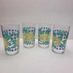 Set of 4 Vtg Anchor Hocking Sunflower Blue Gingham Juice Drinking Glasses 4.25″T