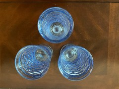 Vtg Ice Blue Cubist 6″ Footed Tumblers, Indiana Glass Whitehall Colony, Set of 3