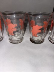 Set Of 5 1950s Vintage Hazel Atlas Dancing Drunk Pink Elephants Glass Shot Glass