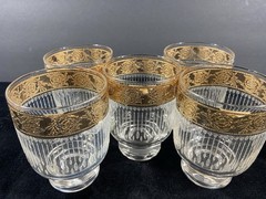 Culver Tyrol Footed Set If 5 Tumbler Rocks Glass With Gold Trim