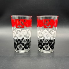 Vintage Glass Tumblers Red Black White Floral Mid Century Retro Set Of 2