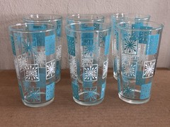 6 Vtg Hazel Atlas Atomic Starburst Turquoise Glasses 5⅛» Tall MCM