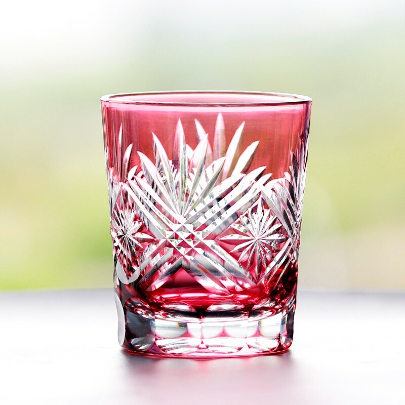 Edo Kiriko Glass Hand Carved Whiskey Glasses 230ml Gold Pink