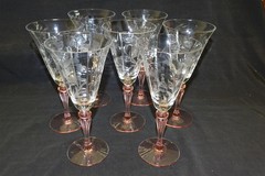 Tiffin 7 Water Goblets Stem 15071 Floral Etched with Pink Stem & Base