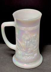 Vtg MCM Federal Opalescent Carnival Milk Glass White Beer Stein Tavern Scene Mug