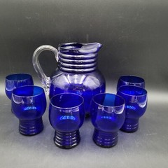 Vintage c.1930’s Imperial Cobalt Blue Glass Shaeffer 6 Tumblers and Pitcher Set