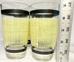 VTG Rare 1940-50s Yellow BURLAP (4) Tumbler Retro Glasses Black Border Barware