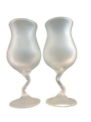 2 Vintage Libbey Pastel Tulip Goblet Frosted Wine Glasses Zig Zag Stem White