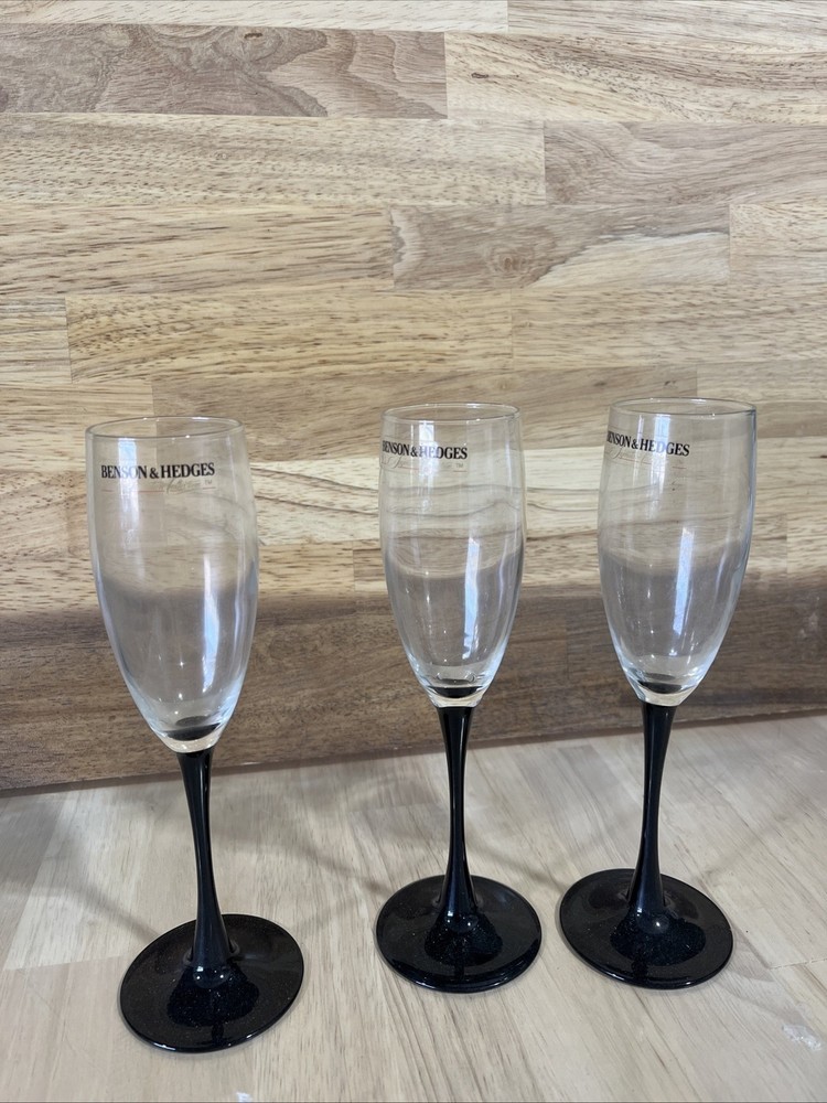 Set of 3 Benson&Hedges Glass Champagne Flutes with Black Stems