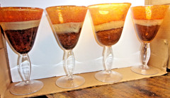 4 Glass Footed Amber or Orange/Tan/Brown Goblets As is, Art Project?