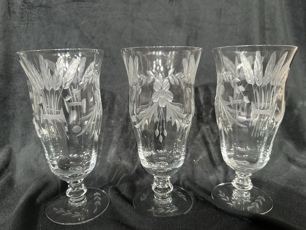 Beautiful Vintage 7” Goblets W/ Etched Floral And Wheat Pattern Excellent Cond.