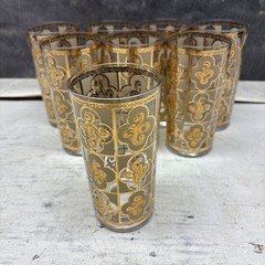 Culver CUV16 Highball Glasses Set of 8 Gold Clovers Scrolls Design Barware, MCM