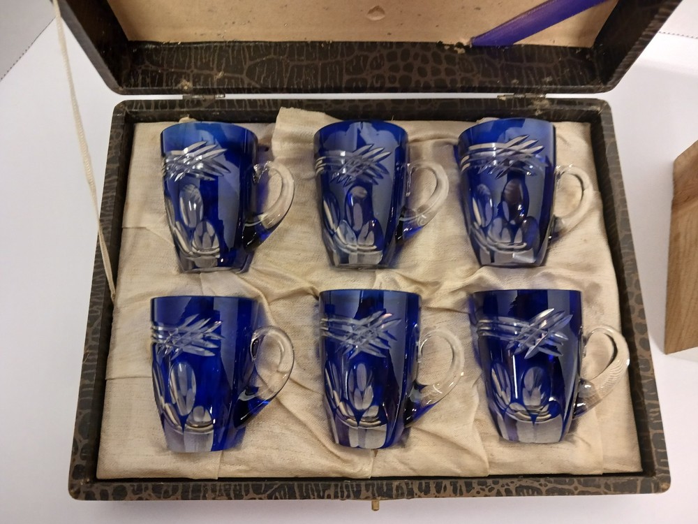 Vintage Cobalt Cut‑to‑Clear Crystal Demitasse Glasses-Boxed Set of 6–Bohemian