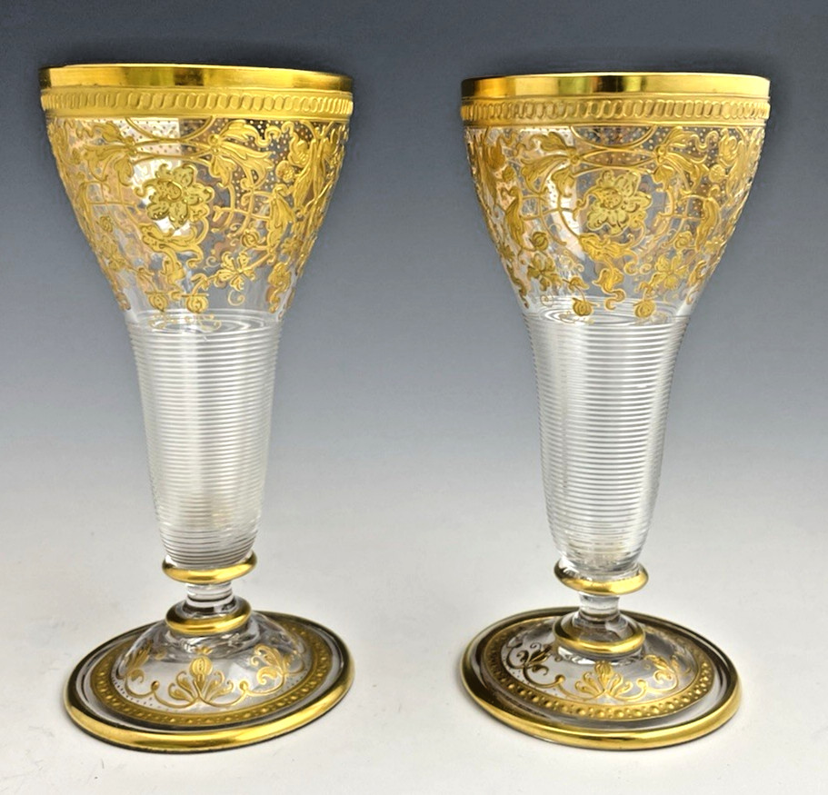 Antique Fritz Heckert PAIR GOLD ENCRUSTED 5-3/8″ WINE ROEMER GLASSES Art Nouveau
