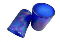 Mouth blown Art Glass Cobalt Blue Iridescent Tumblers Drinking Glasses Pair