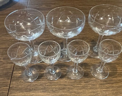 Val St Lambert- 3 Coupes & 4 cordials, arches & exes 6-sided stem