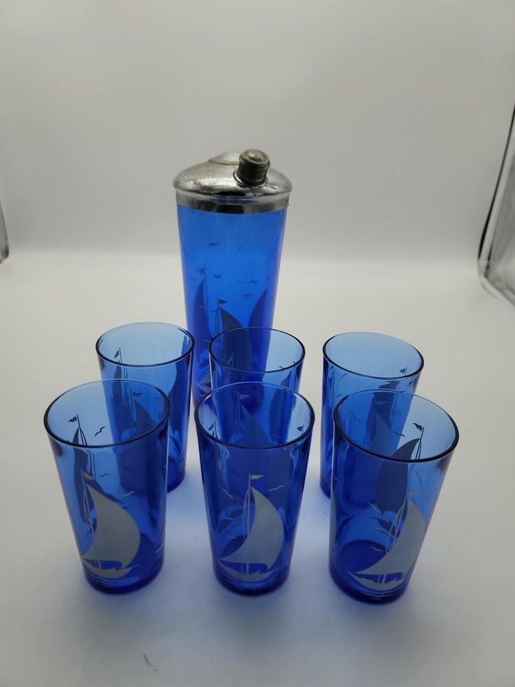 Hazel Atlas Cobalt Blue Ships Sail Boat Cocktail Shaker & 6 Glasses