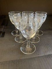 6 – Vintage Pressed Glass Etched Grape On Grid Wine Sherry Cordial. 4 5/8” Tall