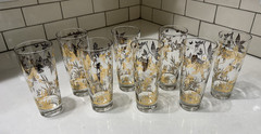 Vtg MCM William A Meier Gold Birds & Leaves Ice Tea Highball Glasses SET of 8