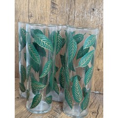 4 MCM Tall Slender Tumblers – Clear Glass with Green Leaves Gold Gilt