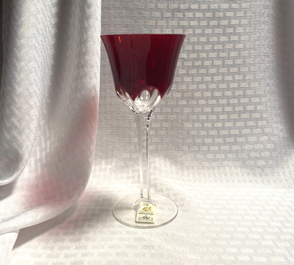 AJKA/DESIGN GUILD WINE GLASS CASED RED CUT TO CLEAR CRYSTAL HUNGARY BOHEMIAN